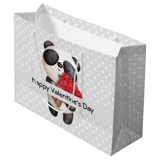Cute Panda Bear with Rose Bouquet Valentine's Large Gift Bag (Front Angled)