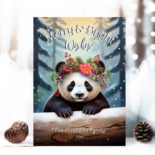 Cute Panda Bear Woodland Forest Merry & Bright Holiday Card (Adorable Winter Snowy Scene With Peeking Dogs or Farm/Woodland Animals - Over 50 to Choose From!)
