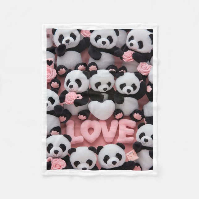 Cute Panda Bears and LOVE Letters Fleece Blanket (Front)