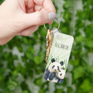 Cute Panda Bears Cuddling Watercolor Keychain