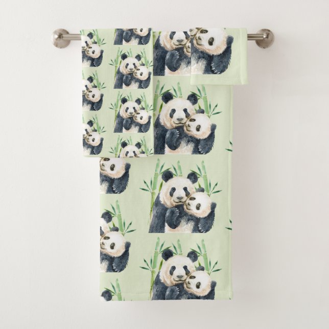 Cute Panda Bears Cuddling Watercolor Pattern Bath Towel Set (Insitu)
