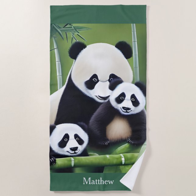 Cute Panda Bears Mother And Cubs Monogram Bath Tow Beach Towel (Front)