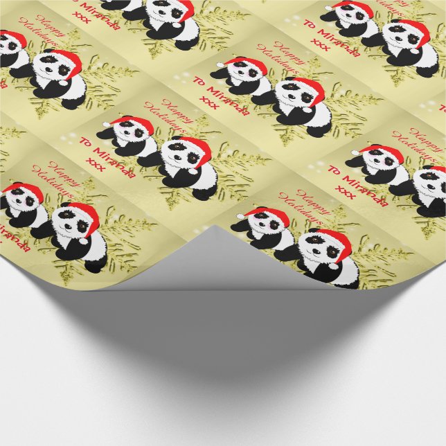 Cute Panda Bears Sparkly Gold Personalized Wrapping Paper (Corner)