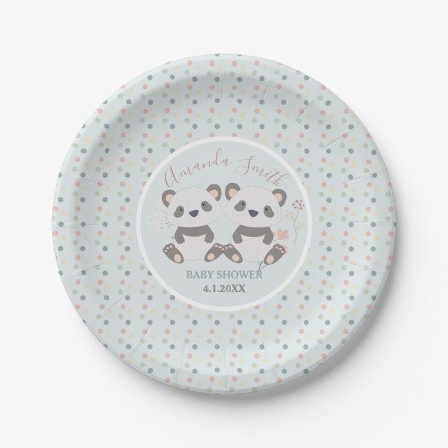 Cute Panda Bears Twins Baby Shower Paper Plate (Front)