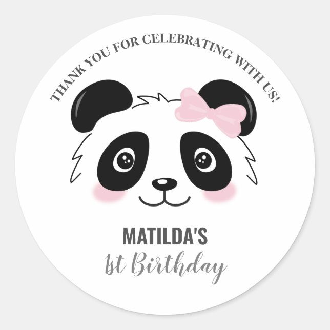 Cute Panda Birthday Party Pink Black and White Classic Round Sticker (Front)