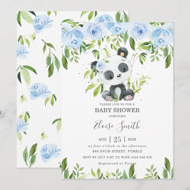 Cute Panda Blue Floral Greenery Baby Shower  Invitation (Front/Back)