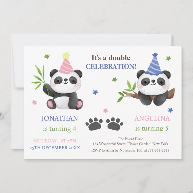Cute Panda Boy and Girl Joint Birthday  Invitation (Front)