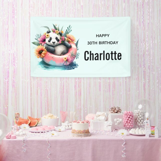 Cute Panda Chilling in an Inner Tube Birthday Banner (Party)