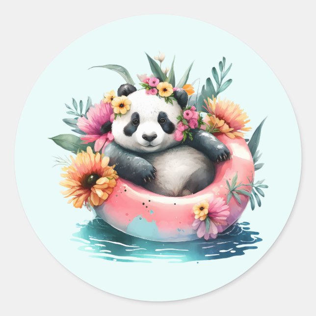 Cute Panda Chilling in an Inner Tube Classic Round Sticker (Front)