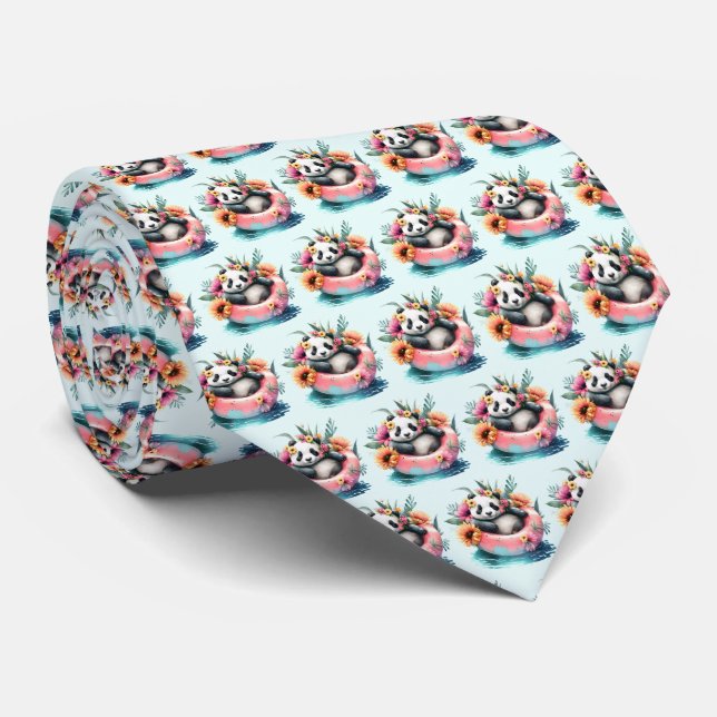 Cute Panda Chilling in an Inner Tube Patterned Tie (Rolled)