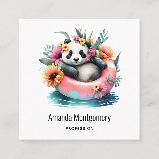 Cute Panda Chilling in an Inner Tube Square Business Card (Front)