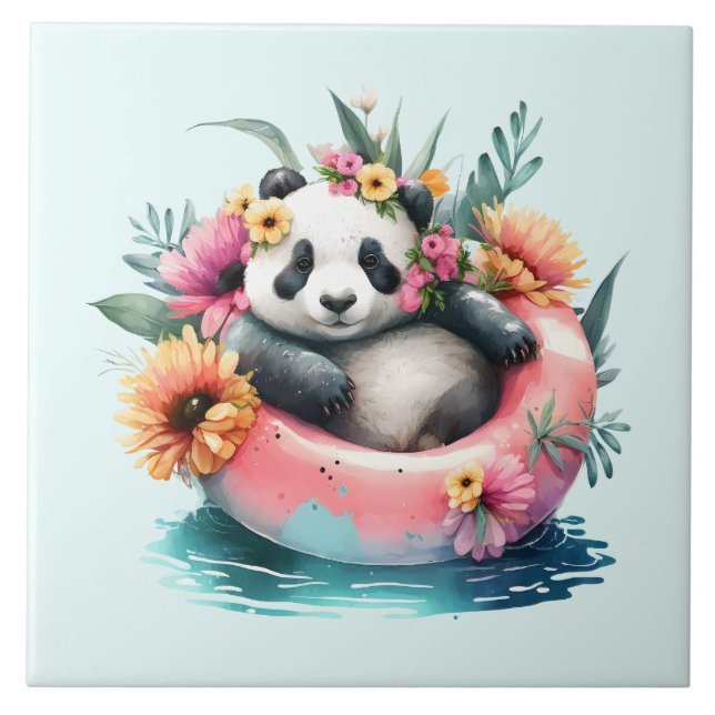 Cute Panda Chilling in an Inner Tube Tile (Front)