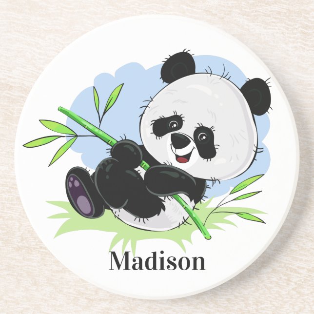 Cute Panda custom name sandstone coaster (Front)
