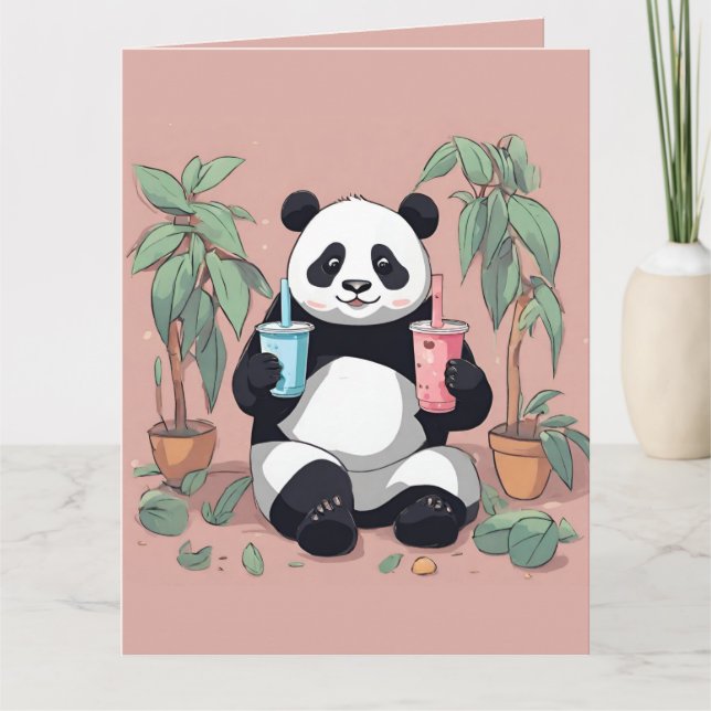 Cute Panda drinking bubble tea, boba tea Thank You Card (Front)