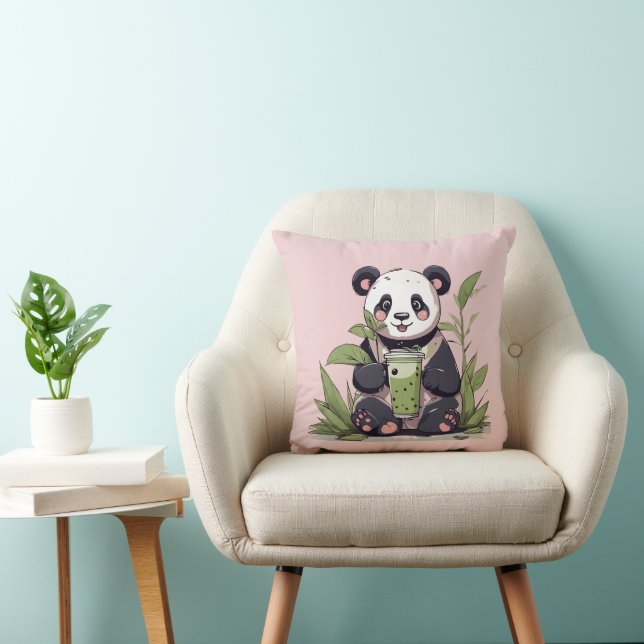 Cute Panda drinking bubble tea, boba tea Throw Pillow (Chair)