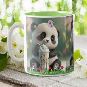 Cute Panda drinking milkshake Colorful Flowers Two-Tone Coffee Mug