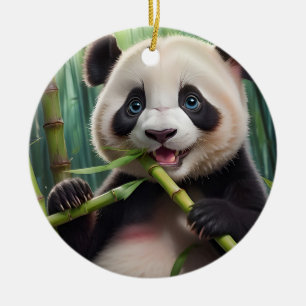 Cute Panda Eating Bamboo Ceramic Ornament