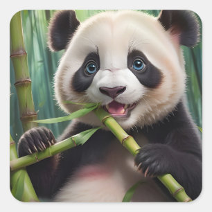 Cute Panda Eating Bamboo Square Sticker