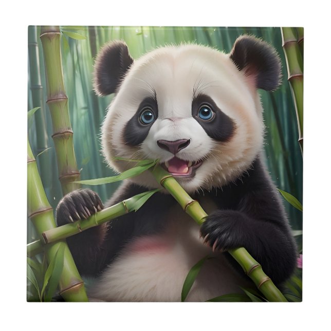 Cute Panda Eating Bamboo Tile (Front)