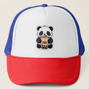 Cute panda eating bubble tea trucker hat