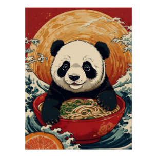 Cute Panda Eating Ramen in Japanese Ukiyo-e Style  Poster