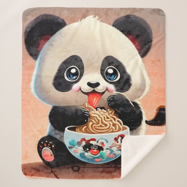 Cute Panda eating Ramen Sherpa Blanket (Front)