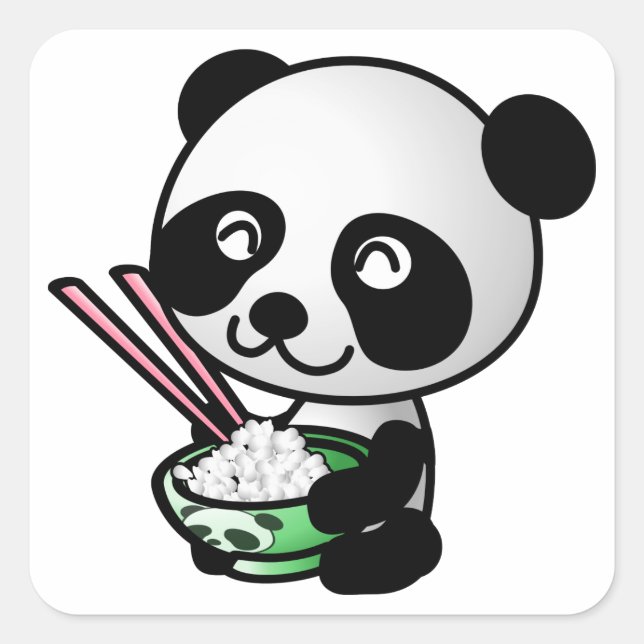 Cute Panda Eating Rice from Bowl with Chopsticks Square Sticker (Front)