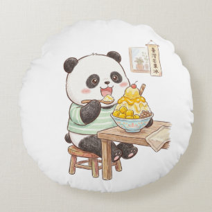 Cute Panda Eating Taiwanese Mango Shaved Ice Foodi Round Pillow