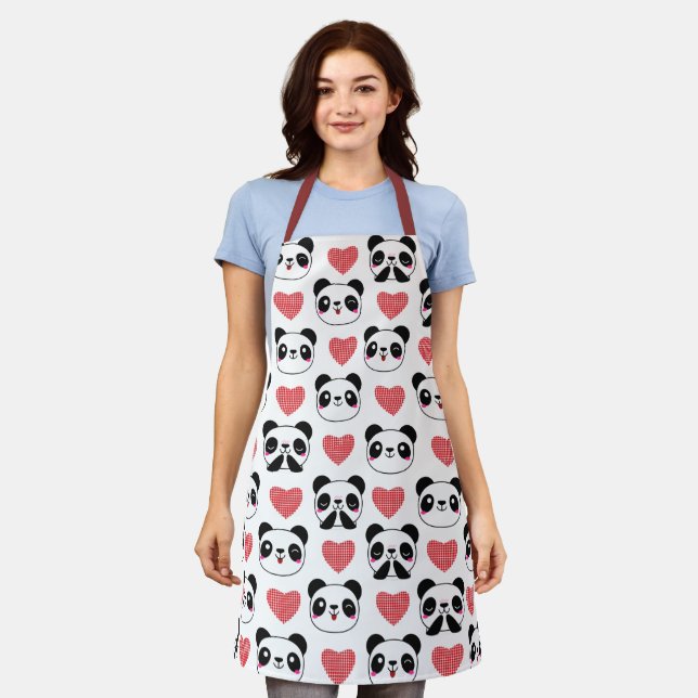 Cute Panda Emoji Black White Bear Hearts Pattern Apron (Worn)