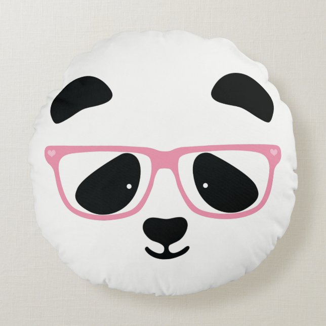 Cute Panda Face with Pink Glasses Round Pillow (Front)