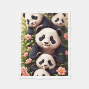Cute Panda Family with Pink Flowers Fleece Blanket