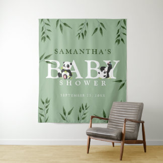 Cute Panda & Foliage Neutral Baby Shower Back Drop Tapestry