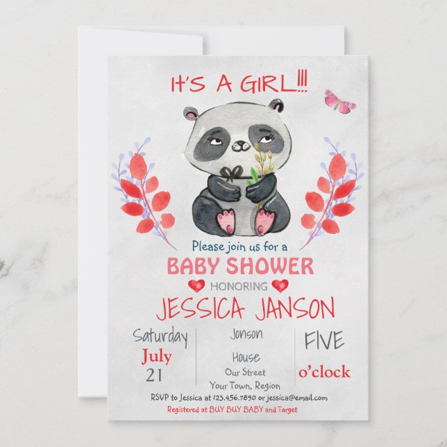 CUTE PANDA GIRL BABY SHOWER INVITATION (Front)