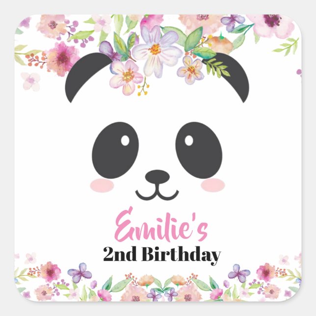 Cute Panda Girl Birthday Party Square Sticker (Front)