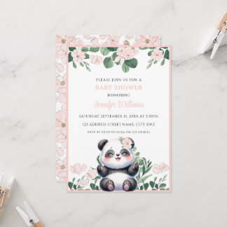 Cute Panda Girl Greenery Pink Flower Baby Shower Invitation