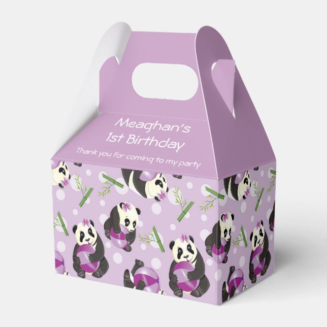 Cute Panda Girl Soft Purple Pattern 1st Birthday  Favor Box (Front Side)