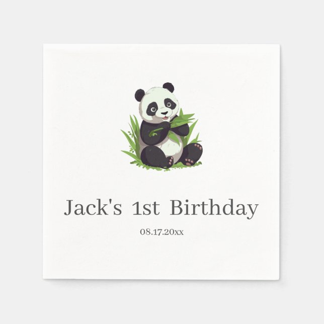 Cute Panda Greenery Bamboo Birthday Party Napkin (Front)