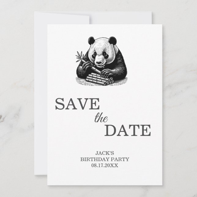 Cute Panda Greenery Bamboo Birthday Party Save The Date (Front)