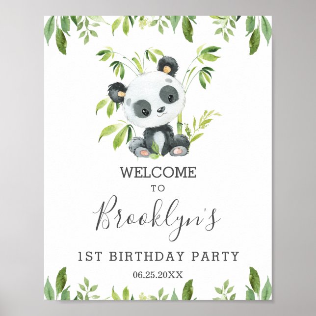 Cute Panda Greenery Birthday Party Neutral Welcome Poster (Front)