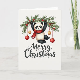 Cute Panda Hanging from Christmas Tree Branch Card