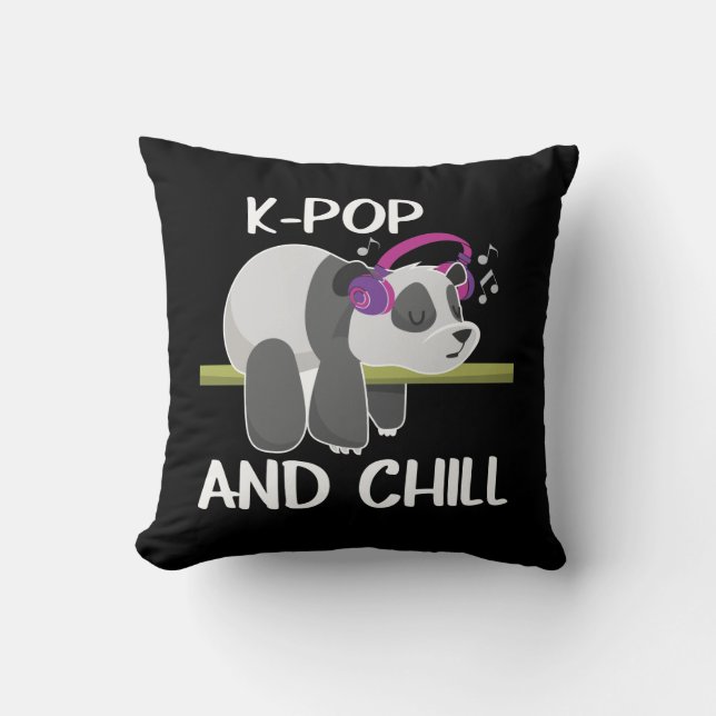 Cute Panda Headphones Korea Pop Lover K-Pop Music Throw Pillow (Front)