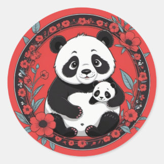 Cute Panda holding baby with red flowers Classic Round Sticker