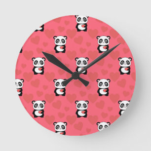 Cute Panda Holding Heart Pattern  Kawaii Valentine Round Clock