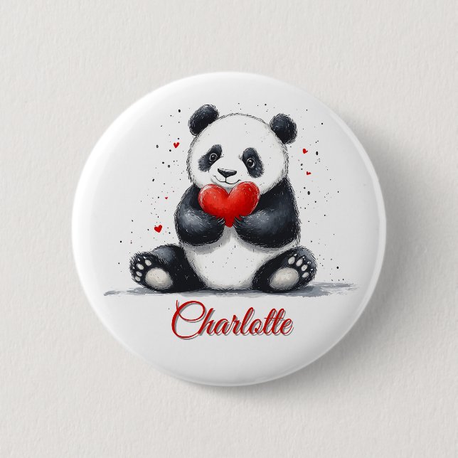 Cute Panda Holding Heart with Customizable Name 2 Inch Round Button (Front)
