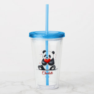 Cute Panda Holding Heart with Customizable Name Acrylic Tumbler