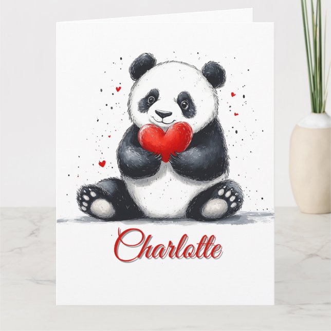 Cute Panda Holding Heart with Customizable Name Card (Front)
