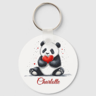 Cute Panda Holding Heart with Customizable Name Keychain