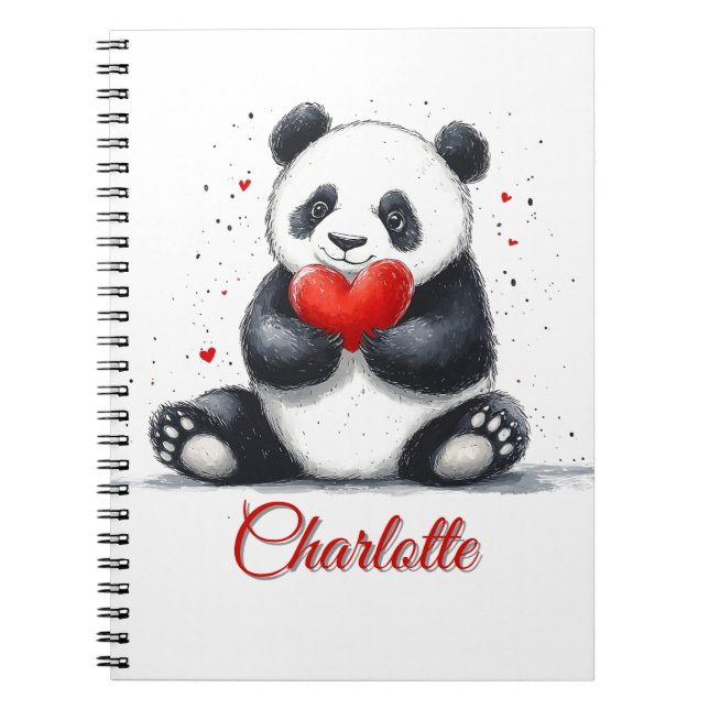 Cute Panda Holding Heart with Customizable Name Notebook (Front)