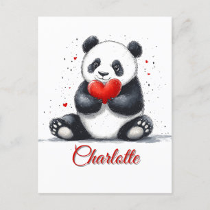 Cute Panda Holding Heart with Customizable Name Postcard