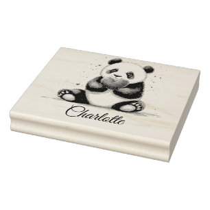 Cute Panda Holding Heart with Customizable Name Rubber Stamp